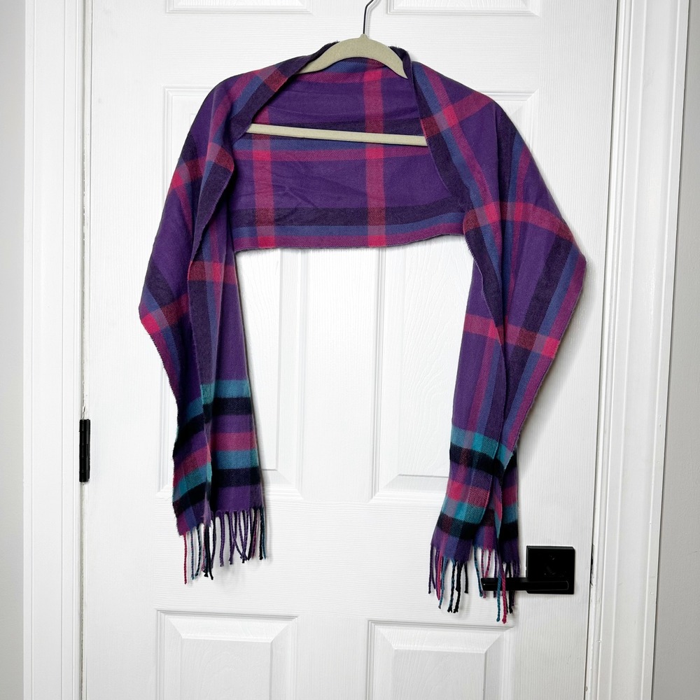 100% Cashmere Plaid Scarf Made in Scotland‎ Purple Pink Teal Fringe